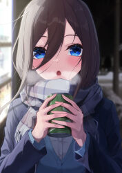 Rule 34 | 1girl, :o, absurdres, black jacket, blue eyes, blush, breath, brown hair, can, enpera, go-toubun no hanayome, grey scarf, hair between eyes, highres, hiyoku, holding, holding can, jacket, long hair, nakano miku, night, open clothes, open jacket, open mouth, outdoors, plaid, plaid scarf, scarf, solo, upper body