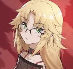 Rule 34 | 1girl, alternate costume, alternate hairstyle, black collar, blonde hair, collar, collarbone, fate/grand order, fate (series), fishnets, glasses, green eyes, highres, long hair, looking at viewer, mordred (fate), mordred (fate/apocrypha), parted bangs, ponytail, portrait, red background, simple background, solo, tonee