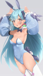 Rule 34 | 1girl, absurdres, ahoge, alternate costume, amaui, animal ears, blue bow, blue bowtie, blue hair, blue leotard, blue sleeves, blunt bangs, blush, bow, bowtie, breasts, collar, commentary request, covered navel, cowboy shot, detached collar, detached sleeves, fake animal ears, fake tail, gradient eyes, grey background, hair bow, hair intakes, highres, leotard, long hair, long sleeves, looking at viewer, medium bangs, medium breasts, multicolored eyes, multicolored hair, nanashi inc., open mouth, partner (kprtnr), playboy bunny, purple eyes, rabbit pose, simple background, solo, tail, thighhighs, two-tone hair, very long hair, virtual youtuber, white collar, white hair, white thighhighs, yellow eyes
