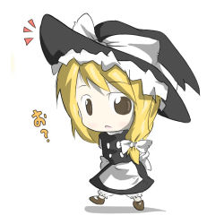 Rule 34 | 1girl, ^^^, aoblue, apron, blonde hair, brown eyes, chibi, female focus, full body, hat, kirisame marisa, looking at viewer, puffy short sleeves, puffy sleeves, short sleeves, simple background, solo, standing, touhou, waist apron, white background, witch hat
