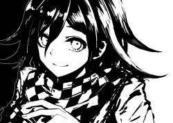 Rule 34 | 1boy, absurdres, black background, checkered clothes, checkered scarf, closed mouth, danganronpa (series), danganronpa v3: killing harmony, flipped hair, greyscale, hair between eyes, hand up, highres, kyua moto, long sleeves, male focus, medium hair, monochrome, oma kokichi, scarf, smile, solo, white background