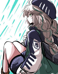 Rule 34 | 1girl, ahoge, arknights, beret, black hat, black shorts, braid, brown hair, commentary, cuora (arknights), feet out of frame, gnome (gnome 0000), green eyes, green hair, hat, highres, jacket, long hair, long sleeves, multicolored hair, short shorts, shorts, sitting, solo, streaked hair, thighs, white background