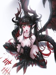 Rule 34 | 1girl, absurdres, animal collar, black hair, blood, blood on breasts, blood writing, breasts, chain, claws, cleavage, collar, commentary, dragon girl, dragon horns, dragon tail, dragon wings, english commentary, full body, gradient hair, highres, horns, large breasts, long hair, looking at viewer, multicolored hair, multiple horns, open mouth, original, pointy ears, red collar, red eyes, red hair, solo, squatting, tail, tally, tiara, tongue, tongue out, very long hair, wings, yjs0803123