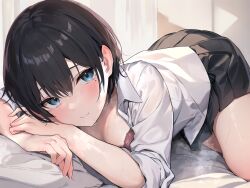 Rule 34 | 1girl, absurdres, bed sheet, black hair, black skirt, blue eyes, blush, bra, closed mouth, curtains, highres, indoors, looking at viewer, mole, mole under eye, non-web source, on bed, original, pillow, pink bra, pleated skirt, school uniform, shirt, short hair, skirt, sleeves rolled up, smile, solo, steam, sweat, underwear, white shirt, yuyu (yuyuworks)