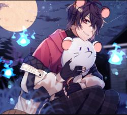Rule 34 | 1boy, animal ears, bandage over one eye, bandages, ear piercing, hair over one eye, hohiha, kitsune cafe, looking at viewer, moon, mouse (animal), mouse boy, mouse ears, mouse tail, night, night sky, one eye covered, piercing, purple hair, red eyes, second-party source, sky, smile, sshooooe, star (sky), starry sky, tail, virtual youtuber