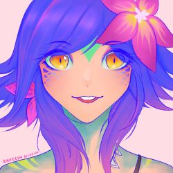 Rule 34 | 1girl, artist name, colored skin, dated, flower, green skin, grey background, hair flower, hair ornament, highres, league of legends, looking at viewer, medium hair, neeko (league of legends), open mouth, pink flower, portrait, raveesh, simple background, smile, solo, teeth, upper teeth only