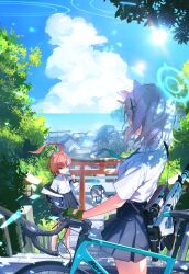 Rule 34 | 3girls, absurdres, ahoge, animal ears, aris (blue archive), assault rifle, bicycle, blue archive, blue sky, chibi, closed eyes, cloud, food, food in mouth, ggoc ill, gun, halo, highres, holding, holding food, holding popsicle, jacket, multiple girls, necktie, neru (blue archive), ocean, orange hair, popsicle, popsicle in mouth, red eyes, rifle, school uniform, shiroko (blue archive), sig sauer 556, sky, stairs, stone lantern, sukajan, summer, summer uniform, sweat, torii, town, tree, weapon, wolf ears, wolf girl