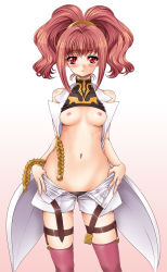 Rule 34 | 1girl, anya alstreim, belt, blush, breasts, clothes lift, code geass, expressionless, female focus, long hair, midriff, nipples, open belt, open fly, red eyes, red hair, shirt lift, shorts, solo, thighhighs, unbuckled, unbuttoned, undressing, unzipped, yoshida inuhito, zipper, zipper pull tab