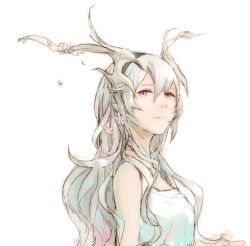 Rule 34 | 1girl, black hairband, blouse, closed mouth, corrin (female) (fire emblem), corrin (fire emblem), curly hair, fire emblem, fire emblem fates, flower, hair between eyes, hair flower, hair ornament, hairband, horns, long hair, looking up, nintendo, pink flower, pointy ears, red eyes, robaco, shirt, simple background, sketch, sleeveless, sleeveless shirt, solo, standing, very long hair, white background, white hair, white shirt