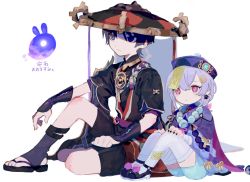 Rule 34 | 1boy, 1girl, armor, bad id, bad twitter id, bandages, bead necklace, beads, black nails, coin hair ornament, genshin impact, hair between eyes, hair ornament, hands on own knees, hat, highres, japanese armor, jewelry, jiangshi, jingasa, kote, kurokote, nail polish, necklace, ofuda, open clothes, open shirt, purple eyes, purple hair, qingdai guanmao, qiqi (genshin impact), red eyes, rope, sandals, scaramouche (genshin impact), seelie (genshin impact), shaded face, shima (vivi do), shimenawa, shoes, short hair, short sleeves, sitting, socks, thighhighs, translation request, veil, vision (genshin impact), white background, white thighhighs, wide sleeves, zouri