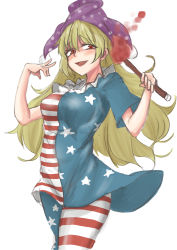 Rule 34 | 1girl, :d, absurdres, american flag dress, artistic error, bad hand, blonde hair, blush, breasts, clownpiece, commentary request, cowboy shot, hair between eyes, hands up, hat, highres, holding, holding torch, jester cap, kuraki, long hair, looking at viewer, medium breasts, neck ruff, open mouth, pantyhose, polka dot, purple hat, red eyes, simple background, sketch, smile, solo, star (symbol), star print, torch, touhou, very long hair, white background, wrong hand