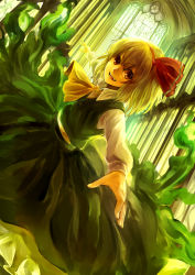 Rule 34 | 1girl, ascot, blonde hair, brown eyes, church, cross, dutch angle, fangs, hair ribbon, highres, long sleeves, looking at viewer, nishiuri, open mouth, outstretched arms, ribbon, rumia, shirt, skirt, skirt set, smile, solo, touhou, vest