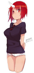 Rule 34 | 1girl, arms behind back, black shirt, blush, breasts, closed mouth, collarbone, cropped legs, dated, eyewear hang, unworn eyewear, horns, large breasts, looking at viewer, maze (gochama ze gohan), original, red eyes, red hair, shirt, short shorts, short sleeves, shorts, signature, simple background, single horn, sketch, solo, sunglasses, white background, white shorts