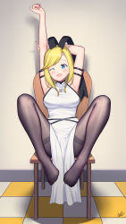 Rule 34 | 1girl, absurdres, blonde hair, blue eyes, blush, cavalier of the abyss, chair, chinese clothes, feet, highres, long hair, looking at viewer, one eye closed, open mouth, pantyhose, shao shao mao, sitting, stretching, toes