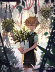Rule 34 | 1boy, 1girl, artist name, basil (faraway) (omori), basil (omori), black eyes, black hair, blonde hair, bouquet, closed eyes, closed mouth, collared shirt, death, empty eyes, flower, green sweater vest, hair flower, hair ornament, hanging plant, highres, holding, holding bouquet, ibble (ibblescribbles), jump rope, long hair, mari (faraway) (omori), mari (omori), omori, open mouth, plant, potted plant, shirt, short hair, short sleeves, spoilers, sweater vest, watermark, white shirt