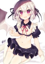 Rule 34 | 1girl, absurdres, alternate costume, alternate hair color, artist name, bad id, bad pixiv id, bat wings, black ribbon, black skirt, blush, breasts, cleavage, commentary request, frilled skirt, frills, hair ribbon, highres, looking at viewer, medium breasts, navel, nenobi (nenorium), open mouth, puffy short sleeves, puffy sleeves, red eyes, remilia scarlet, ribbon, short hair, short sleeves, silver hair, simple background, sitting, skirt, smile, solo, star (symbol), thighhighs, touhou, wariza, white background, white thighhighs, wings