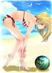 Rule 34 | 1girl, absurdres, aruuin, beach, bent over, bikini, bird, blonde hair, blue sky, breasts, cloud, day, earrings, fate/grand order, fate (series), food, from side, fruit, full body, green eyes, highres, jewelry, long hair, looking at viewer, medium breasts, nail polish, nero claudius (fate), nero claudius (fate) (all), nero claudius (swimsuit caster) (fate), ocean, outdoors, red nails, side-tie bikini bottom, sideboob, sky, smile, solo, striped bikini, striped clothes, swimsuit, toenail polish, toenails, watermelon