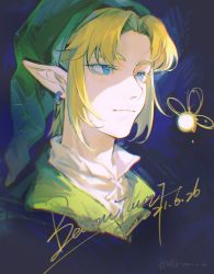 Rule 34 | 1boy, artist name, baomianzi, black background, blonde hair, blue background, blue eyes, closed mouth, dated, earrings, fairy, green headwear, green shirt, highres, jewelry, link, nintendo, parted bangs, pointy ears, shirt, the legend of zelda