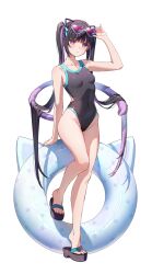 Rule 34 | 1girl, cat tail, full body, glasses on head, highres, innertube, one-piece swimsuit, original, purple hair, rosuuri, standing, swim ring, swimsuit, tail, twintails, white background