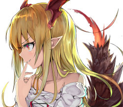 Rule 34 | 10s, 1girl, bad id, bad pixiv id, bare shoulders, blonde hair, evil smile, fang, finger to mouth, granblue fantasy, grin, head wings, marisayaka, pointy ears, profile, red eyes, shingeki no bahamut, simple background, smile, solo, upper body, vampy, white background, wings