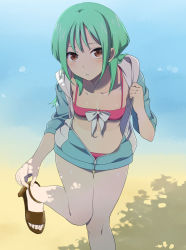Rule 34 | 10s, 1girl, :o, anjou tokoha, beach, bikini, blue jacket, blush, bow, bow bikini, breasts, brown eyes, cardfight!! vanguard g, cleavage, collarbone, facing viewer, green hair, high heels, jacket, jacket over swimsuit, knees together feet apart, leg up, looking at viewer, mattaku mousuke, navel, ocean, open clothes, open jacket, open mouth, outdoors, parted lips, pink bikini, shade, shadow, short hair, simple background, small breasts, solo, standing, standing on one leg, stomach, sunlight, swimsuit