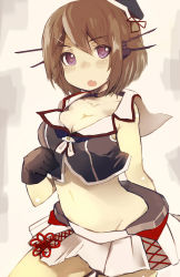 Rule 34 | 10s, 1girl, blue eyes, breasts, brown hair, cleavage, gloves, hair ornament, hat, headgear, highres, izuoku, kantai collection, maya (kancolle), midriff, remodel (kantai collection), short hair, simple background, solo, uniform