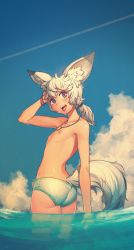 Rule 34 | 1boy, :p, animal ears, ass, bad id, bad pixiv id, blade &amp; soul, blue eyes, bracelet, cloud, day, fox ears, fox tail, jewelry, looking back, lyn (blade &amp; soul), male focus, male swimwear, monamin, necklace, nipples, open mouth, original, outdoors, partially submerged, ponytail, sky, solo, swim briefs, swimsuit, tail, tongue, tongue out, wading, water, white hair, white male swimwear, white swim briefs