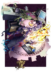 Rule 34 | 1girl, angry, bags under eyes, book, breasts, computer, crescent, crescent moon, female focus, fire, game boy, game boy (original), gloves, handheld game console, hat, highres, kage houshi, keyboard (computer), long hair, moon, patchouli knowledge, purple eyes, purple hair, solo, touhou
