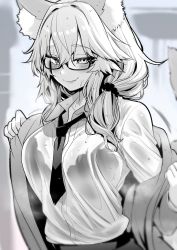 Rule 34 | 1girl, animal ear fluff, animal ears, blurry, blurry background, blush, bra, breasts, closed mouth, coat, commentary, fate/extella, fate/extra, fate (series), fox ears, fox girl, fox tail, glasses, greyscale, hair between eyes, hairband, highres, large breasts, long hair, long sleeves, looking at viewer, monochrome, necktie, seductive smile, see-through, see-through shirt, shirt, sidelocks, smile, solo, tail, tamamo (fate), tamamo no mae (fate/extra), tamamo no mae (jk) (fate), underwear, upper body, wet, wet clothes, wet shirt, wisespeak
