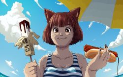 Rule 34 | artist request, borrowed character, brown eyes, brown hair, cat, food, furry, highres, hot dog, ice cream, smile, swimsuit