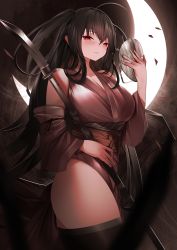 1girl alternate_costume ass azur_lane bare_shoulders black_hair breasts cleavage crescent crescent_moon gdat hair_between_eyes highres holding holding_mask holding_weapon japanese_clothes kimono large_breasts long_hair looking_at_viewer mask moon naginata polearm red_eyes see-through_clothes taihou_(azur_lane) very_long_hair weapon