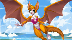 Rule 34 | 1girl, alanscampos, animal ears, animal feet, artist name, barefoot, bat wings, bikini, body fur, breasts, cleavage, dust: an elysian tail, facial mark, female focus, fidget (dust: an elysian tail), full body, furry, furry female, green eyes, happy, highres, looking at viewer, nude, orange fur, orange hair, short hair, smile, snout, solo, swimsuit, tail, two-tone fur, white fur, wings