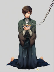 Rule 34 | 1boy, bad id, bad pixiv id, barefoot, brown hair, chain, chamomile, collar, copyright request, flower, full body, hair over one eye, hakama, hakama pants, holding, japanese clothes, kimono, kneeling, leash, looking at viewer, male focus, original, pants, solo, yoshii
