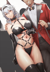Rule 34 | 1boy, 1girl, animal ears, bang (gesture), bare shoulders, beard, black collar, black gloves, black thighhighs, blush, bondage outfit, breasts, brown eyes, closed mouth, coat, collar, cowboy shot, elbow gloves, erune, facial hair, finger gun, formal, gloves, granblue fantasy, hair ornament, hand on another&#039;s shoulder, heles, kageshio (276006), large breasts, leash, long hair, long sleeves, looking at another, navel, o-ring, parted lips, red coat, silver hair, smile, solo focus, suit, sweat, thighhighs, thighs