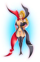 Rule 34 | 1girl, akiranime, areola slip, bikini, bikini bottom only, blonde hair, boots, breasts, cape, earrings, eyeshadow, full body, high heel boots, high heels, high ponytail, highleg, highleg bikini, highres, jewelry, large breasts, lipstick, looking at viewer, makeup, marjoly, marl kingdom, navel, no bra, one eye closed, ponytail, puppet princess (marl kingdom), purple eyes, red lips, revealing clothes, rhapsody, simple background, solo, standing, swimsuit, thigh boots, thighhighs, white bikini, wink, witch