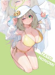 Rule 34 | 1girl, armpits, bikini, blue archive, blush, breasts, character name, cleavage, closed mouth, full body, green eyes, green halo, groin, halo, hat, highres, jacket, large breasts, light brown hair, long hair, long sleeves, looking at viewer, navel, nonomi (blue archive), nonomi (swimsuit) (blue archive), official alternate costume, one eye closed, open clothes, open jacket, painterliuhao, see-through, see-through jacket, smile, solo, swimsuit, white hat, yellow bikini, zoom layer