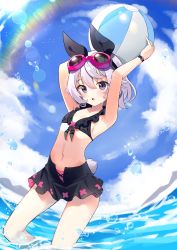Rule 34 | 1girl, :o, armpits, arms up, ball, bare arms, bare shoulders, beachball, bikini, black bikini, black ribbon, blue sky, blush, cloud, commentary request, day, frilled bikini, frills, goggles, goggles on head, hair between eyes, hair ribbon, highres, holding, holding ball, indie virtual youtuber, korean commentary, kutata, kyue (vtuber), looking at viewer, navel, outdoors, parted lips, purple eyes, purple hair, rabbit tail, ribbon, short eyebrows, sky, solo, standing, sweat, swimsuit, tail, thick eyebrows, virtual youtuber, water