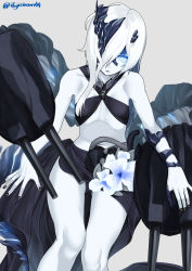 Rule 34 | 1girl, abyssal ship, bikini, black bikini, black nails, black sarong, blue flower, breasts, colored skin, flower, glowing, glowing eye, grey background, hair over one eye, ifuji shinsen, kantai collection, long hair, looking at viewer, nail polish, ne-class heavy cruiser, pale skin, parted lips, sarong, simple background, small breasts, solo, swimsuit, turret, twitter username, white flower, white hair, white skin