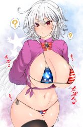Rule 34 | 1girl, ?, alternate breast size, american flag bikini, american flag print, bikini, bikini under clothes, black thighhighs, blush, bow, bowtie, breasts, cleavage, cowboy shot, flag print, groin, hair between eyes, highres, huge breasts, kishin sagume, large breasts, looking at viewer, navel, open mouth, print bikini, purple shirt, red bow, red bowtie, red eyes, roki (hirokix), shirt, short hair, single wing, solo, spoken question mark, star (symbol), star print, sweat, swimsuit, thighhighs, touhou, white hair, white wings, wings