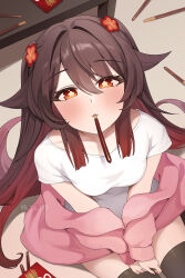 Rule 34 | 1girl, alternate costume, black thighhighs, blush, brown eyes, brown hair, commentary, flower-shaped pupils, food, food in mouth, genshin impact, gya (144), hair between eyes, highres, hu tao (genshin impact), jacket, long hair, looking at viewer, looking up, off shoulder, paid reward available, pink jacket, pocky, pocky in mouth, shirt, short sleeves, sitting, solo, symbol-shaped pupils, t-shirt, thighhighs, twitter username, white shirt