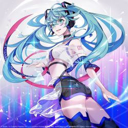 Rule 34 | 1girl, :d, ass, black choker, black shorts, blouse, blue eyes, blue hair, choker, commentary request, cowboy shot, crop top, cropped shirt, facial mark, floating hair, hatsune miku, headphones, long hair, looking at viewer, off-shoulder shirt, off shoulder, official art, open mouth, pokimari, project sekai, see-through, see-through shirt, shirt, short shorts, shorts, smile, solo, twintails, vocaloid, watermark, white shirt