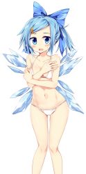Rule 34 | 1girl, bad id, bad twitter id, bikini, blue bow, blue eyes, blue hair, blush, bow, breasts, cirno, collarbone, covering privates, covering breasts, hair bow, hair ornament, hairclip, highres, ice, ice wings, knees together feet apart, looking at viewer, maturiuta sorato, medium breasts, side ponytail, simple background, solo, standing, swimsuit, touhou, white background, white bikini, wings