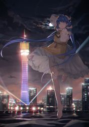 Rule 34 | 1girl, armpit peek, arms up, bare shoulders, barefoot, blouse, blue eyes, blue hair, blurry, blurry background, canton tower, chromatic aberration, cityscape, cloud, commentary request, depth of field, detached sleeves, floating, flower, full moon, guangzhou, hair flower, hair ornament, houraisan chouko, leg lift, looking at viewer, moon, night, outdoors, searchlight, see-through, see-through sleeves, shirt, short hair with long locks, sidelocks, skirt, solo, star (sky), touhou, tsukumo benben, water, white skirt, yellow shirt