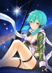 Rule 34 | 1girl, aqua eyes, aqua hair, black gloves, black shorts, breasts, commentary request, fingerless gloves, gloves, gun, hair between eyes, hair ornament, hairclip, highres, looking at viewer, night, rifle, scarf, short hair, short shorts, shorts, sinon, sitting, sky, sniper rifle, solo, star (sky), starry sky, sword art online, uonuma yuu, weapon