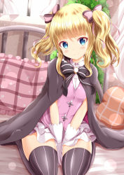 Rule 34 | 1girl, between legs, black bow, black cape, black thighhighs, blonde hair, blue eyes, blunt bangs, blush, bow, breasts, cape, closed mouth, collared shirt, commentary request, day, dress shirt, frilled pillow, frills, gloves, gochuumon wa usagi desu ka?, hair bow, hand between legs, highres, indoors, kirima syaro, layered skirt, long hair, phantom thief lapin, pillow, pink bow, pink vest, pleated skirt, seiza, shirt, sidelocks, sitting, skirt, small breasts, smile, solo, striped bow, striped clothes, striped thighhighs, sunlight, thighhighs, transparent, twintails, vertical-striped clothes, vertical-striped thighhighs, vest, white gloves, white shirt, white skirt, window, xenon (for achieve)