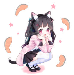 Rule 34 | 1girl, :d, amimi, animal ears, arm support, black hair, cat ears, cat girl, cat tail, commission, elbows on knees, fang, full body, hands on own cheeks, hands on own face, highres, jacket, long hair, long sleeves, looking at viewer, mary janes, open mouth, original, pink eyes, shirt, shoes, skeb commission, skin fang, skirt, smile, squatting, tail, thighhighs, white thighhighs, zettai ryouiki