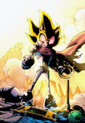 Rule 34 | fleetway super sonic, holding, holding jewelry, holding ring, jewelry, looking down, ring, sharp teeth, sonic (series), sonic the comic, sonic the hedgehog, super sonic, superboy prime, superman logo, teeth