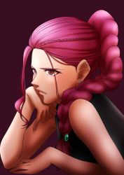 Rule 34 | 1girl, aduti momoyama, alternate costume, bare shoulders, braid, braided ponytail, brown eyes, earrings, facial mark, fire emblem, fire emblem: three houses, hand on own cheek, hand on own face, highres, jewelry, long hair, nintendo, petra macneary, ponytail, purple background, purple hair, simple background, solo