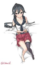 Rule 34 | 10s, 1girl, bad id, bad twitter id, black hair, black necktie, black thighhighs, blush, breasts, brown hair, cleavage, collarbone, ebifurya, eyebrows, full body, gloves, hair between eyes, hair flaps, hair ornament, highres, inactive account, kantai collection, knees together feet apart, long hair, looking at viewer, medium breasts, midriff, necktie, no shoes, pleated skirt, ponytail, red skirt, school uniform, serafuku, sidelocks, simple background, single thighhigh, sitting, skirt, sleeveless, solo, thighhighs, twitter username, white background, white gloves, yahagi (kancolle)