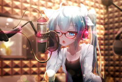 Rule 34 | 1girl, aqua eyes, aqua hair, blurry, bokeh, breasts, cleavage, collarbone, depth of field, glasses, hair ribbon, hatsune miku, headphones, highres, kagamine rin, long hair, md5 mismatch, microphone, one eye closed, open mouth, qys3, ribbon, small breasts, solo, twintails, vocaloid